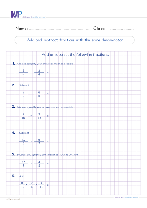 Add and subtract fractions with the same denominator worksheet