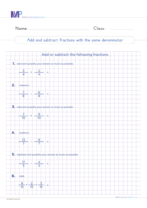 Add And Subtract Fractions Worksheets