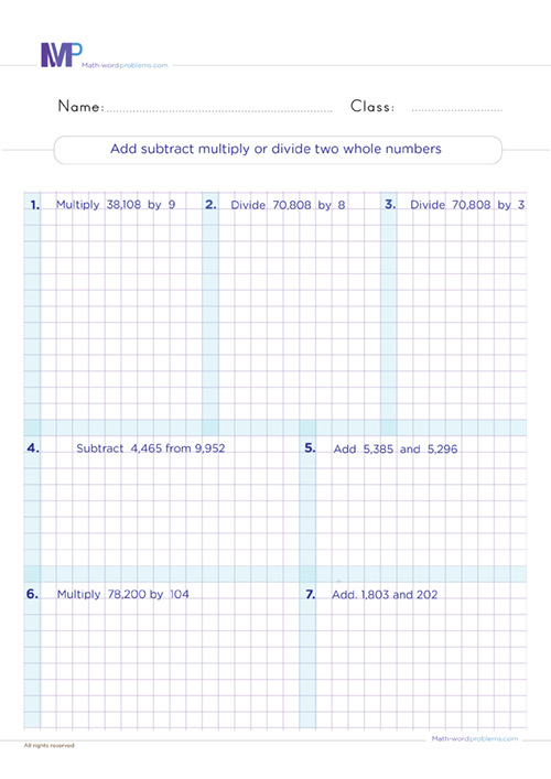 Add, subtract, multiply or divide two whole numbers worksheet