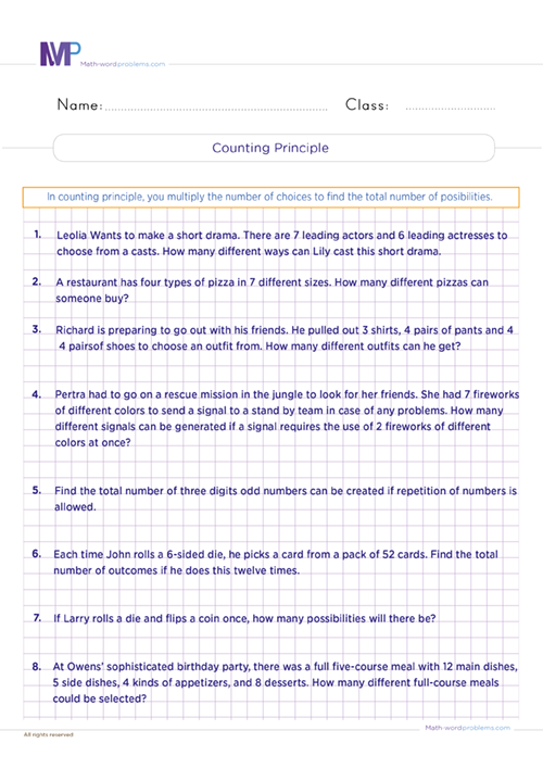 Counting principles worksheet