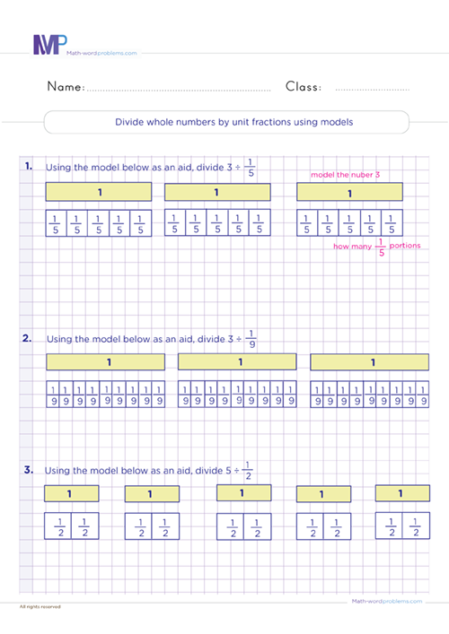 Divide whole numbers by unit fractions using models worksheet