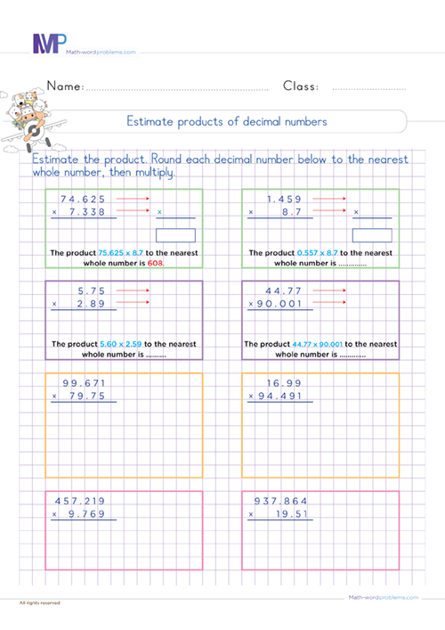 Estimate product of decimal numbers worksheet