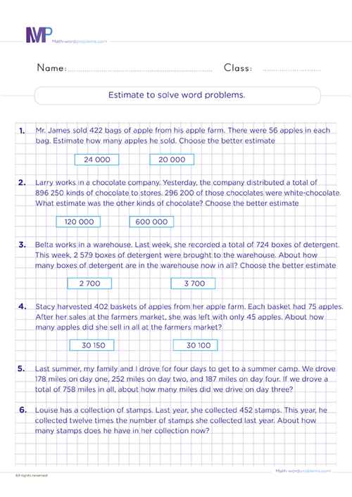 Estimate to solve word problems worksheet