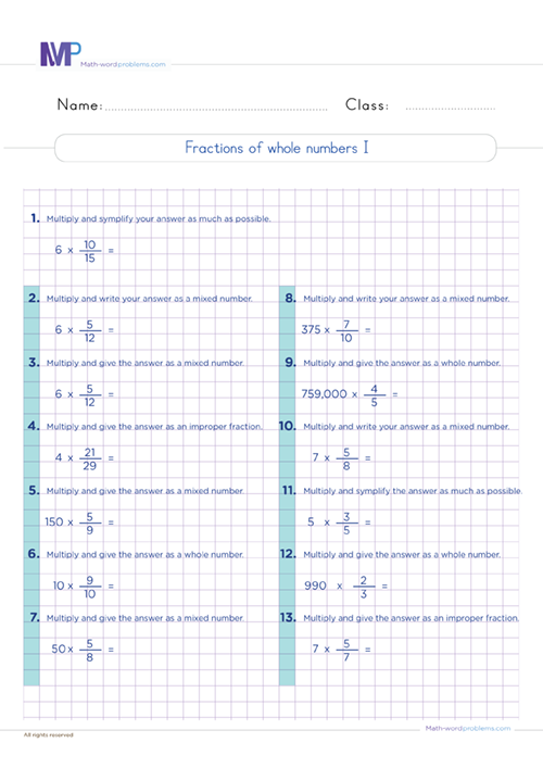 Fraction of whole number worksheet