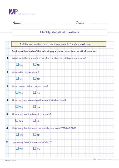Identify statistical questions worksheet
