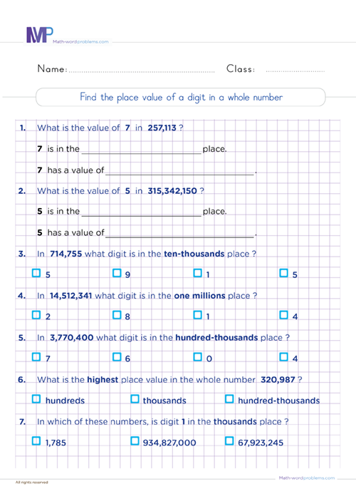 Place Value and Names for Whole Numbers grade 6 worksheet