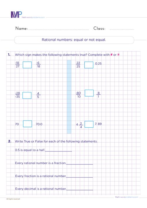 rational-numbers-equal-or-not-equal worksheet
