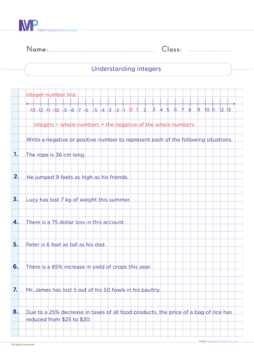 Understanding integers worksheet