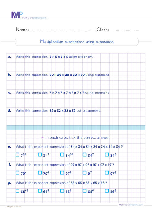 Write multiplication expression using exponents worksheet