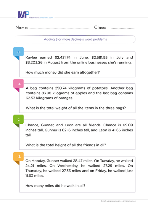 Decimal Word Problems 4th Grade Worksheet PDF Adding And Subtracting 