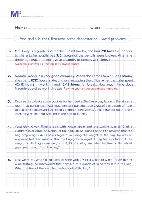 Add and subtractions with the same denominator word problems worksheet