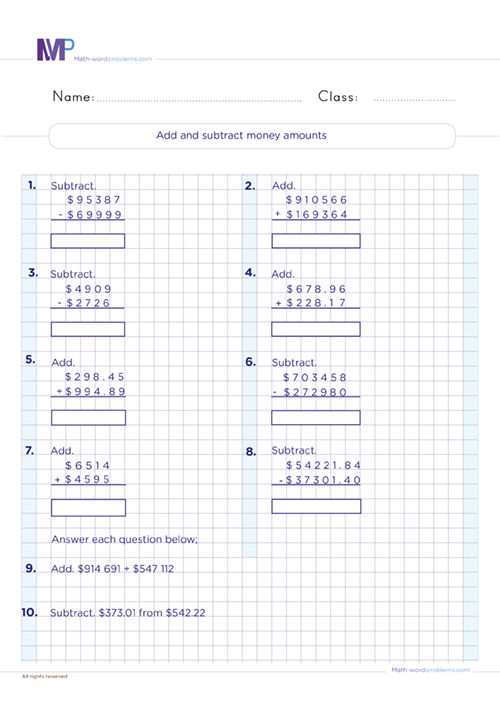 Add and subtract money amounts worksheet