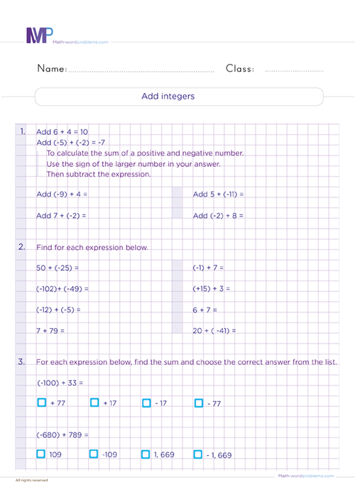 Add integers worksheet