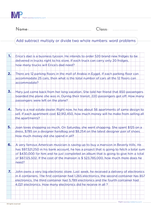 Add, subtract , multiply or divide whole numbers word problems worksheet