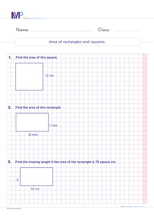 Area of rectangles and squares worksheet
