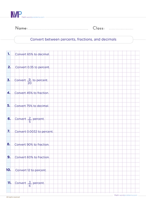 Convert between percents fractions and decimals worksheet