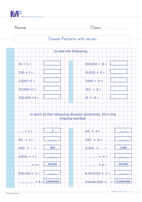 Division patterns with zeroes worksheet