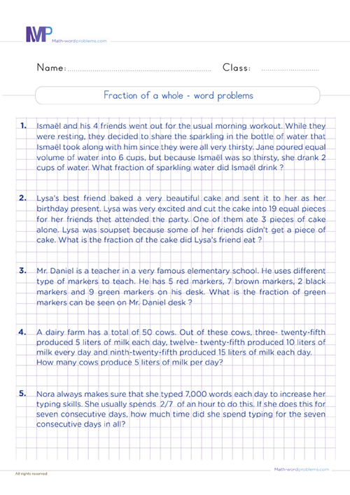 Fraction of a whole word problems worksheet