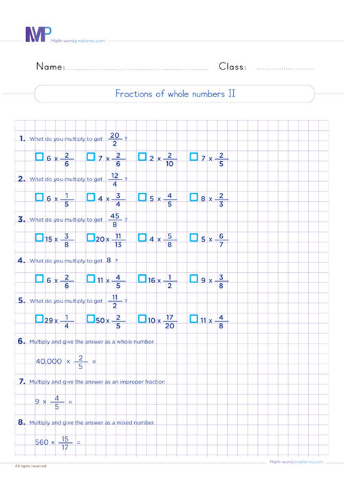 Fractioon of whole number worksheet
