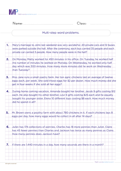 Multi step word problems worksheet