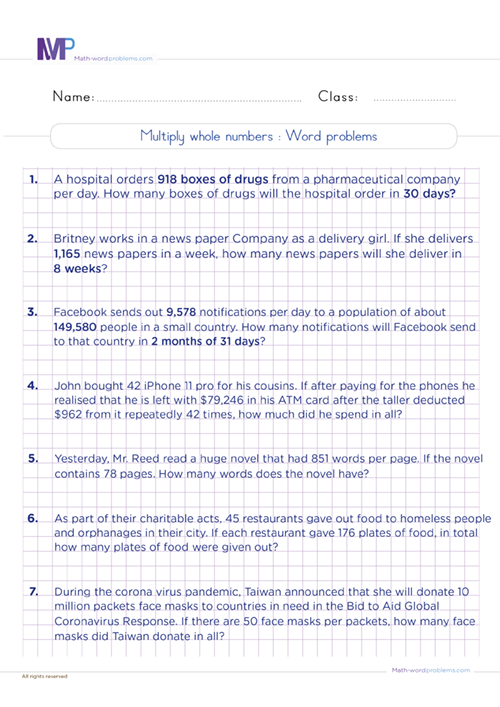 Multiply woles numbwers word problems worksheet