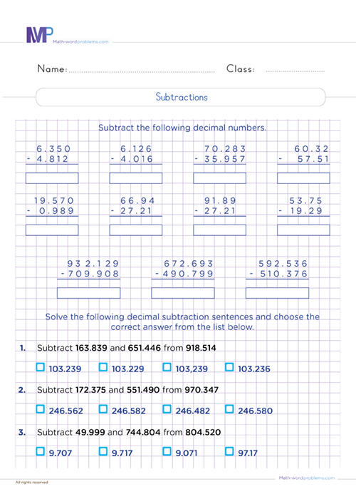 Subtraction of decimals numbers worksheet