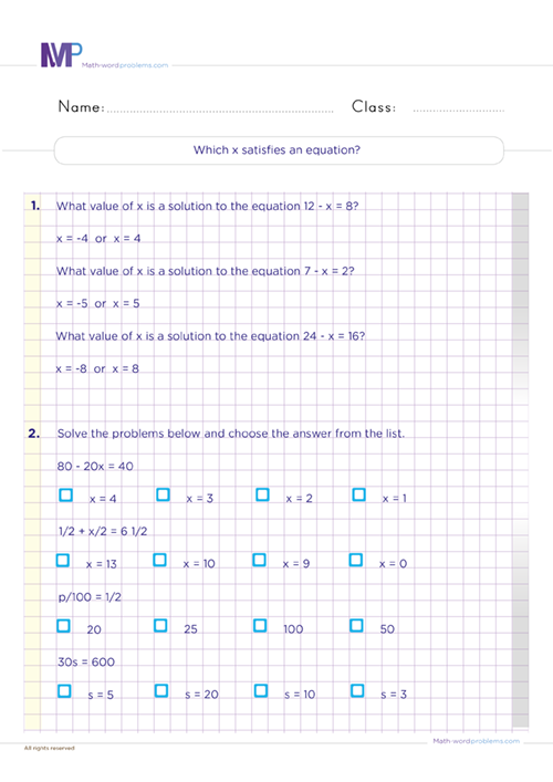 Which x satisfies an equation worksheet