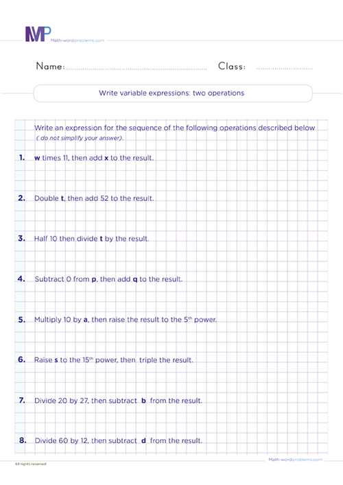 Write variable expressions two operations worksheet