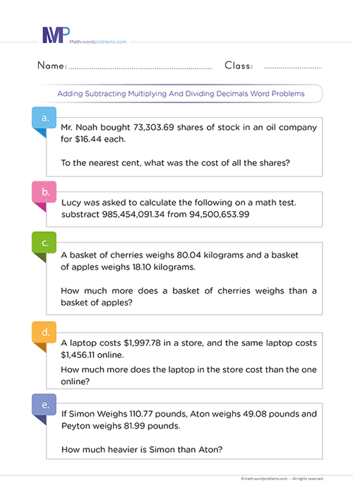 Adding Subtracting Multiplying And Dividing Decimals Word Problems