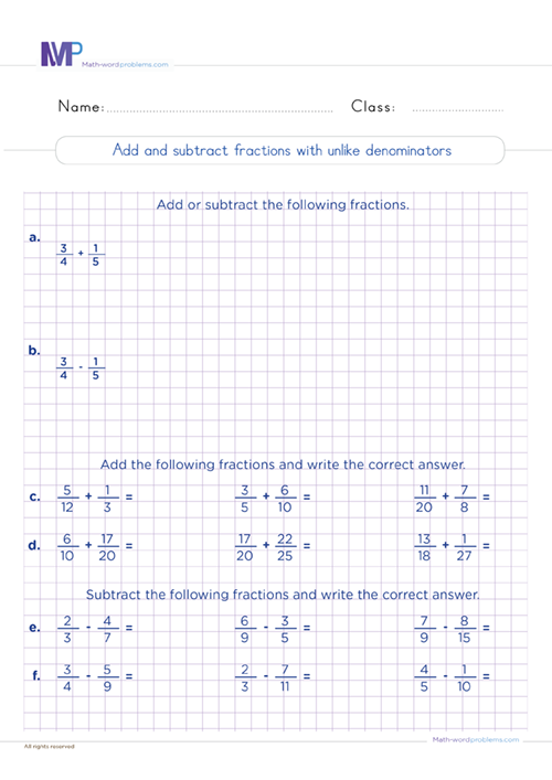 add-and-subtract-fractions-with-unlike-denominators-grade-6 worksheet