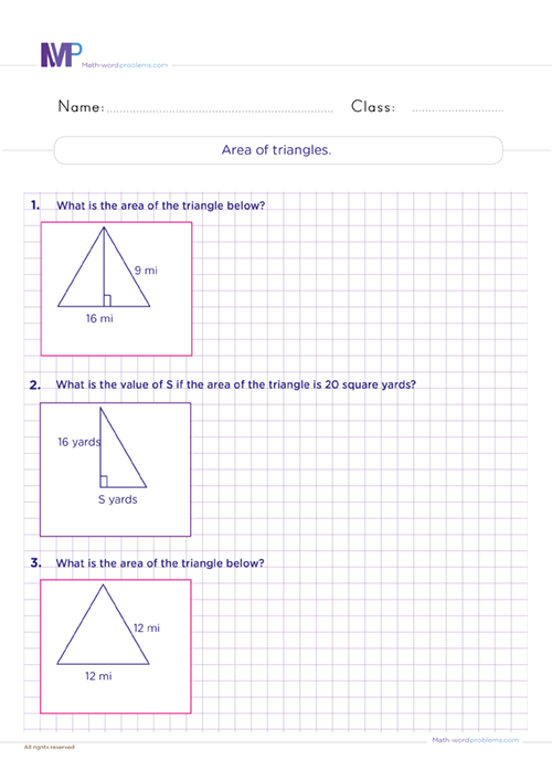 Area of triangles and squares worksheet