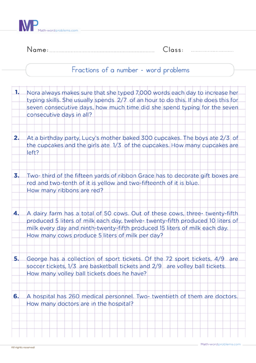 Fraction of a number word problems worksheet