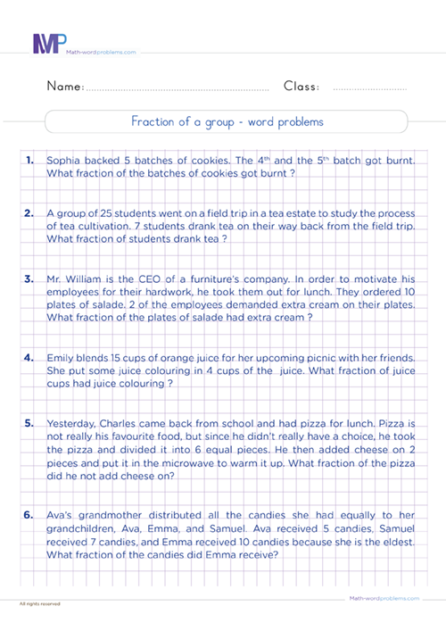Fraction of a group word problems worksheet