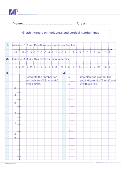 Graph integers on horizontal and vertical number lines worksheet