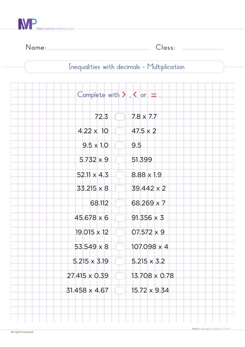 Inequalities with decimals multiplication worksheet