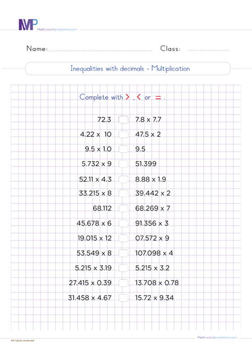 inequalities-with-decimals-multiplication-in-6th-grade worksheet