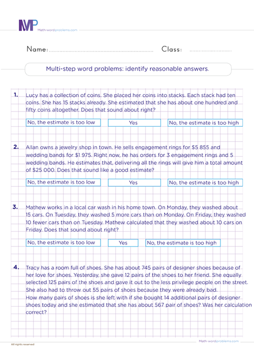 Multi step word problems, identify reasoonable answers worksheet