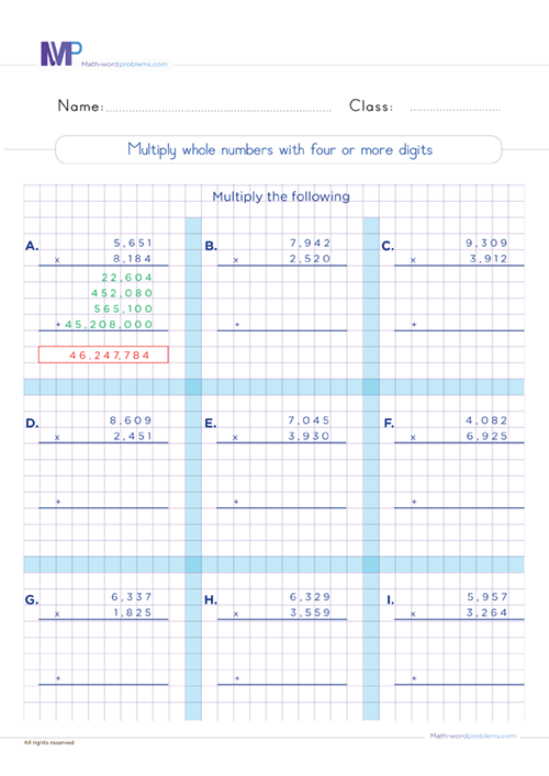 Multiply wholes numbers with four or more digits number worksheet worksheet
