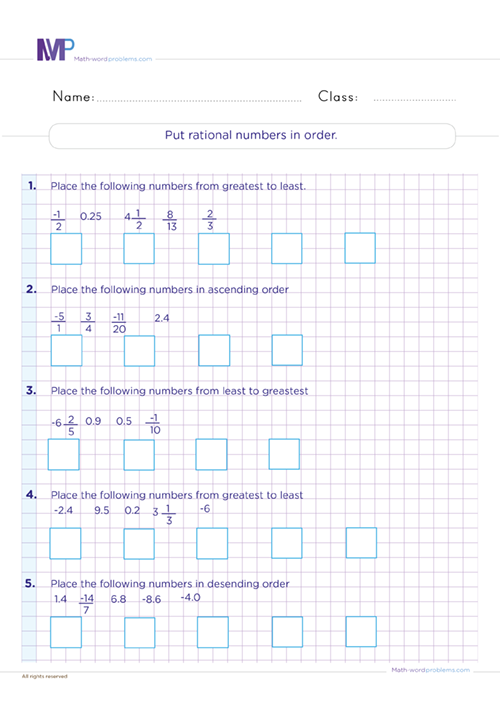 Put rational numberr in order worksheet