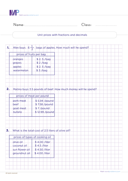 Unit price with fractions and decimals worksheet