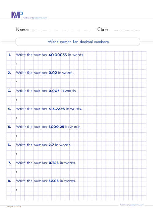 Word names for decimal numbers worksheet