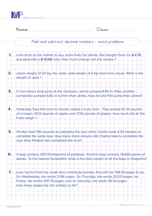 Add and subtract decimals word problems worksheet