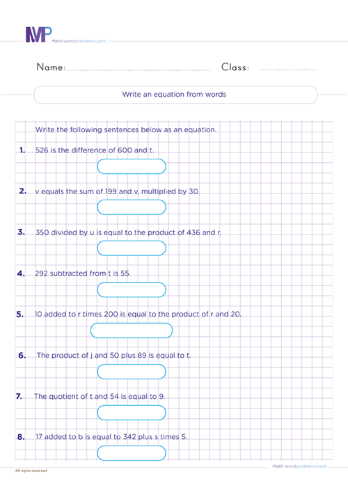 Write an equation from words worksheet