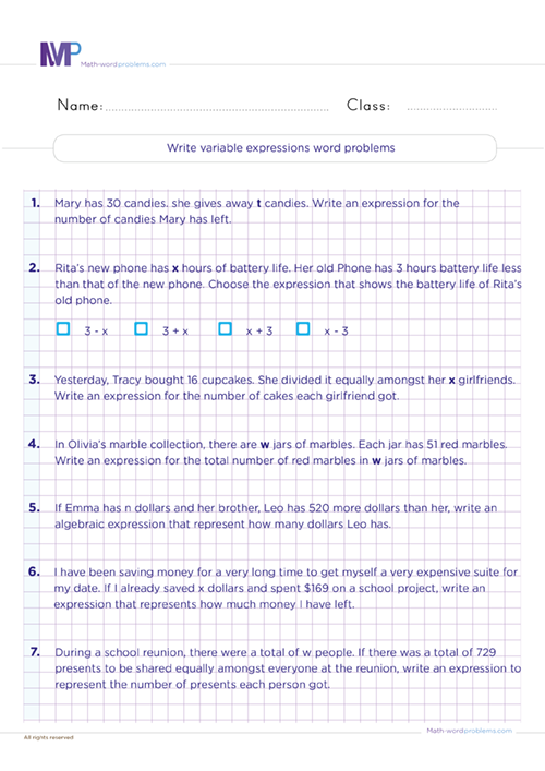 Write variable expressions word problems worksheet