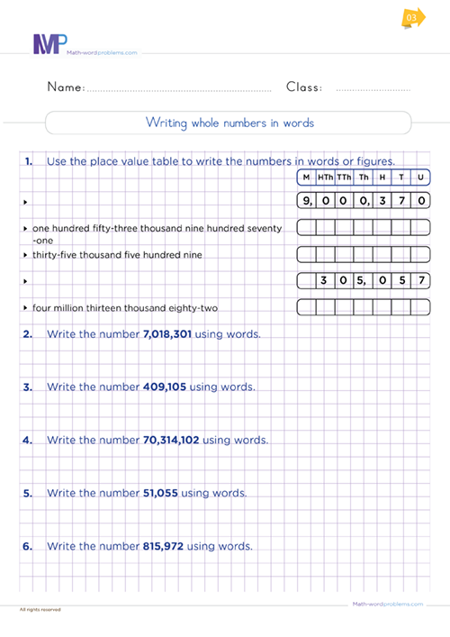 Writing whole numbers in word worksheet worksheet