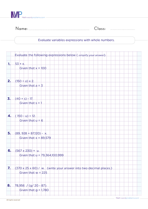 Expressions And Properties Worksheets