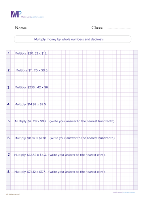 Multiply money by whole numbers and decimals worksheet