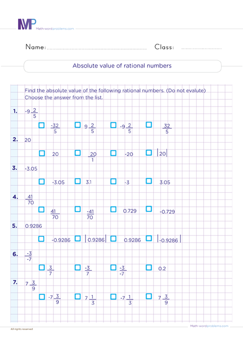 Absolute value of rational number worksheet