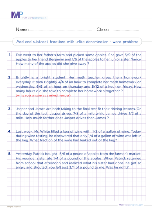 Add and subtractr fractions with unlike denominators word problems worksheet