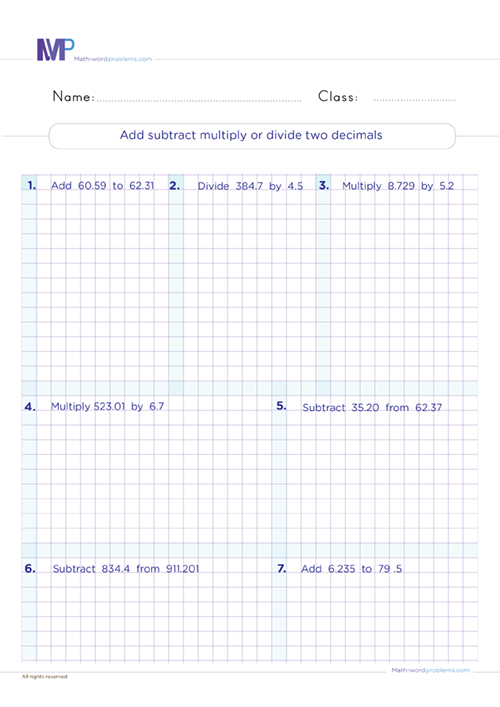 Add subtract multiply or divide two decimals worksheet